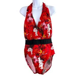 G.I.L.I. Halter One Piece Swimsuit Sz 12 Red Floral Tummy Control Open Back